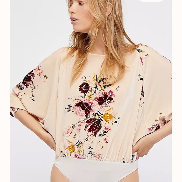 Intimately Free People Velvet Slouchy Babe Bodysuit Beige Floral Stretch Large - Picture 4 of 10